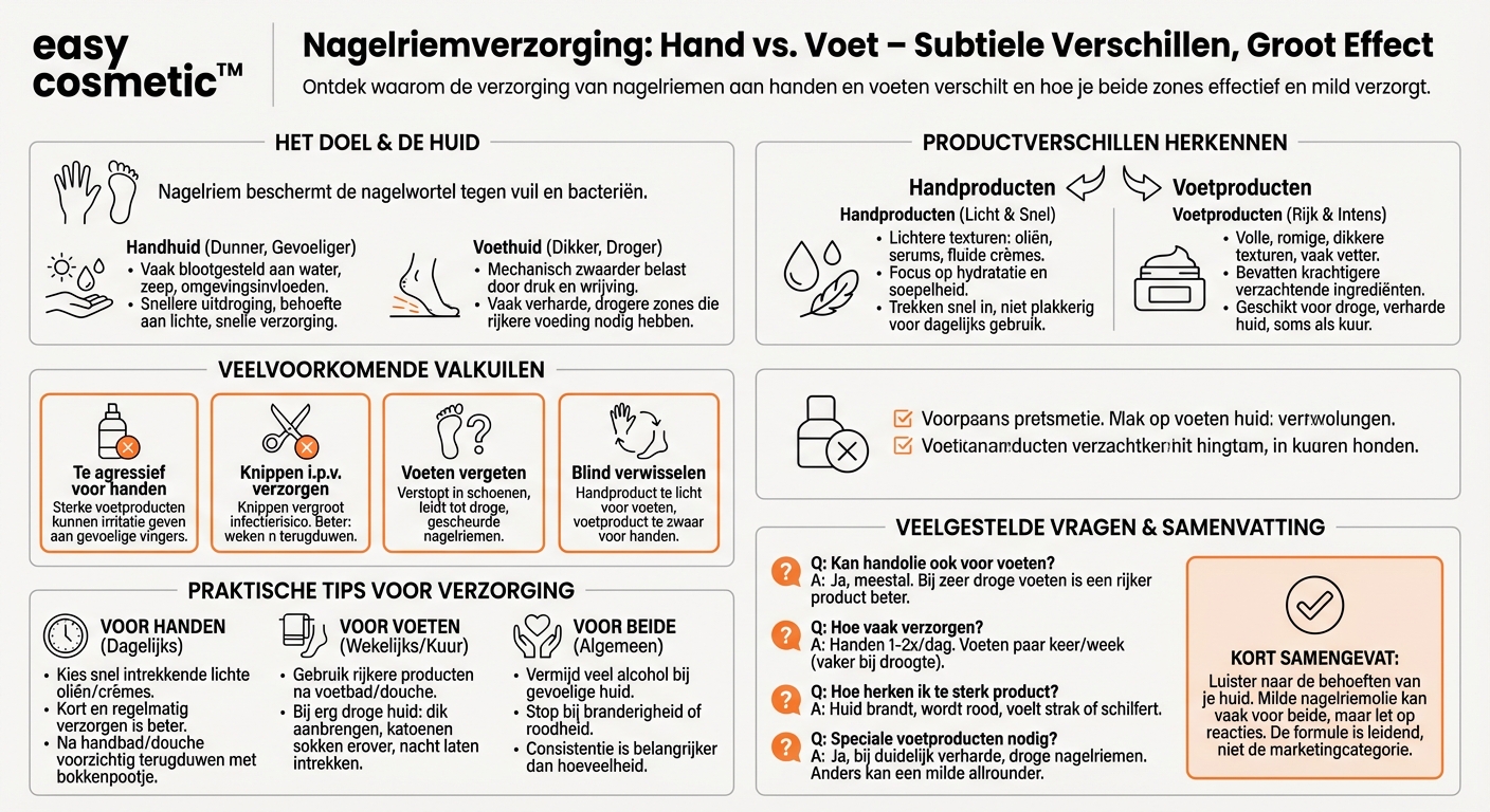 Welke verschillen zijn er tussen nagelriemverzorgingsproducten voor de handen en voor de voeten?