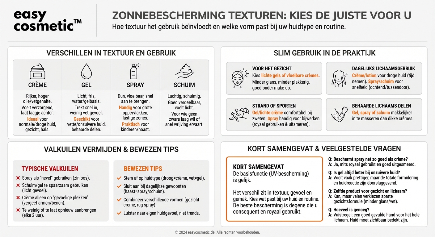 Welke verschillen zijn er tussen zonnecrème, zonnegel, zonnespray en zonneschuim?