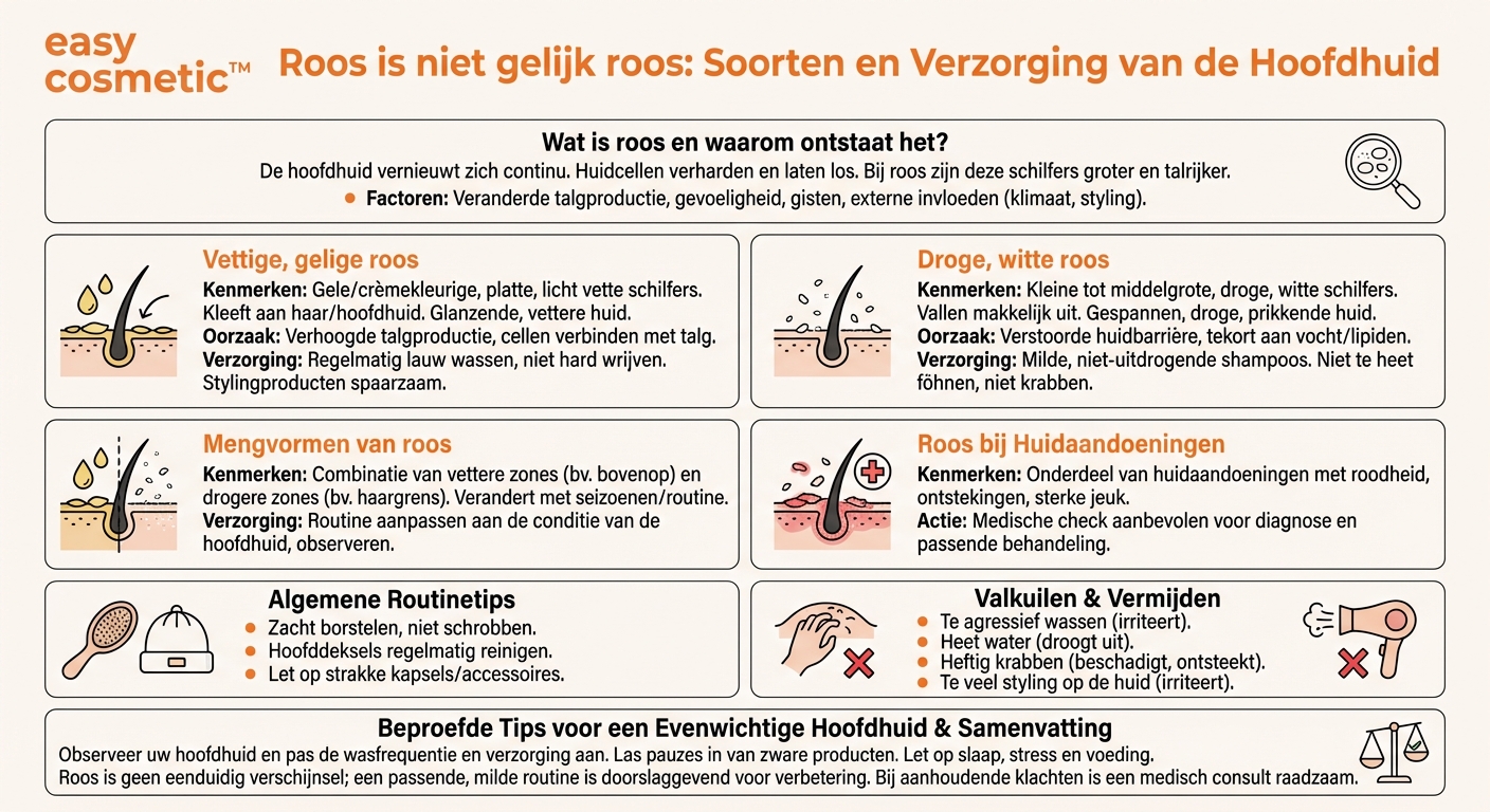 Welke verschillende soorten roos kunnen op de hoofdhuid voorkomen?