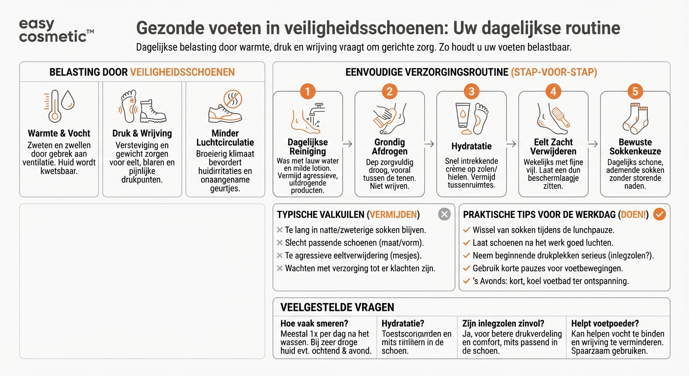 Welke verzorging hebben voeten nodig die vaak in veiligheidsschoenen of werkschoenen zitten?