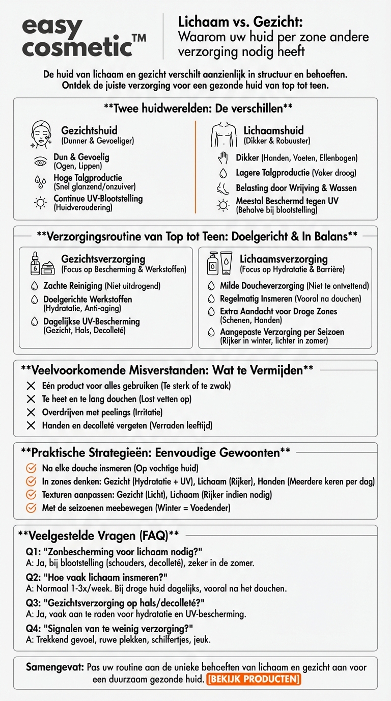 Welke verzorging heeft de lichaamshuid nodig in vergelijking met de gezichtshuid?