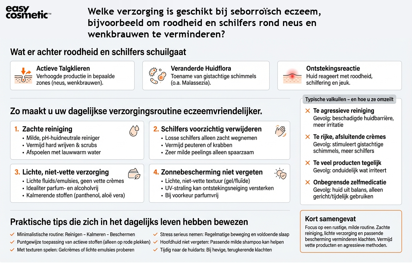 Welke verzorging is geschikt bij seborroïsch eczeem, bijvoorbeeld om roodheid en schilfers rond neus en wenkbrauwen te verminderen?