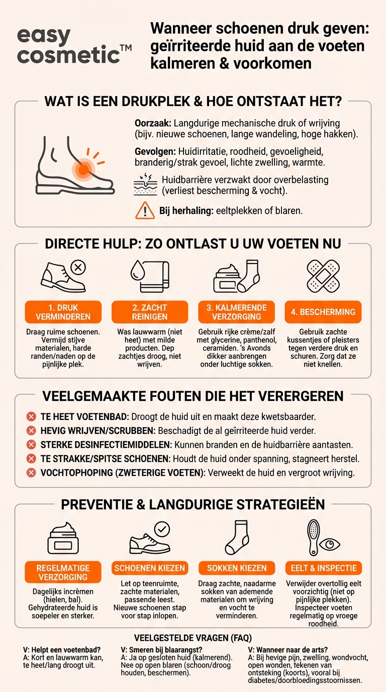 Welke verzorging is zinvol bij drukplekken op de voeten om de huid te kalmeren?