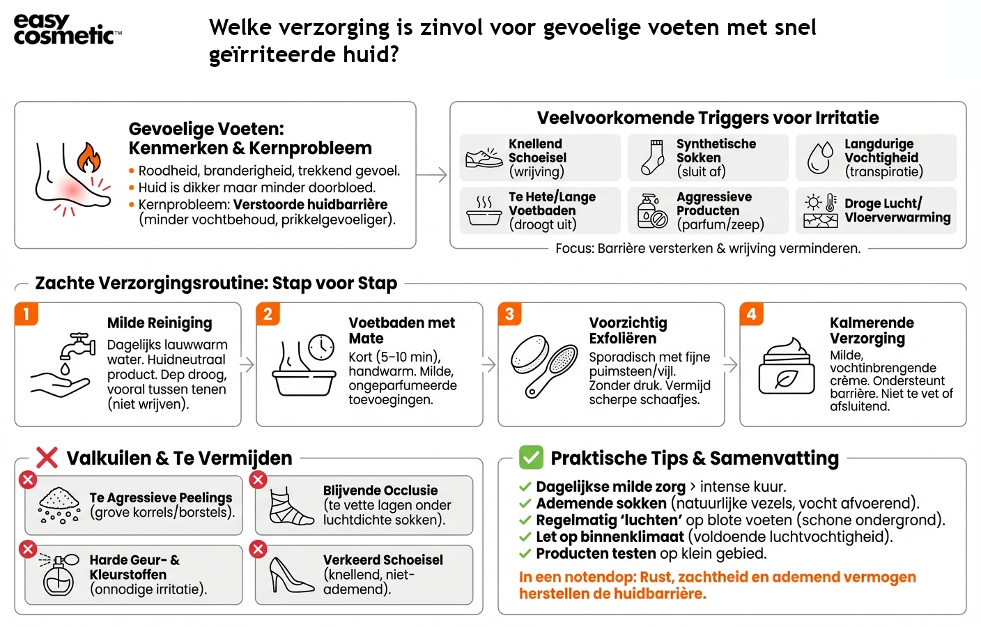 Welke verzorging is zinvol voor gevoelige voeten met snel geïrriteerde huid?
