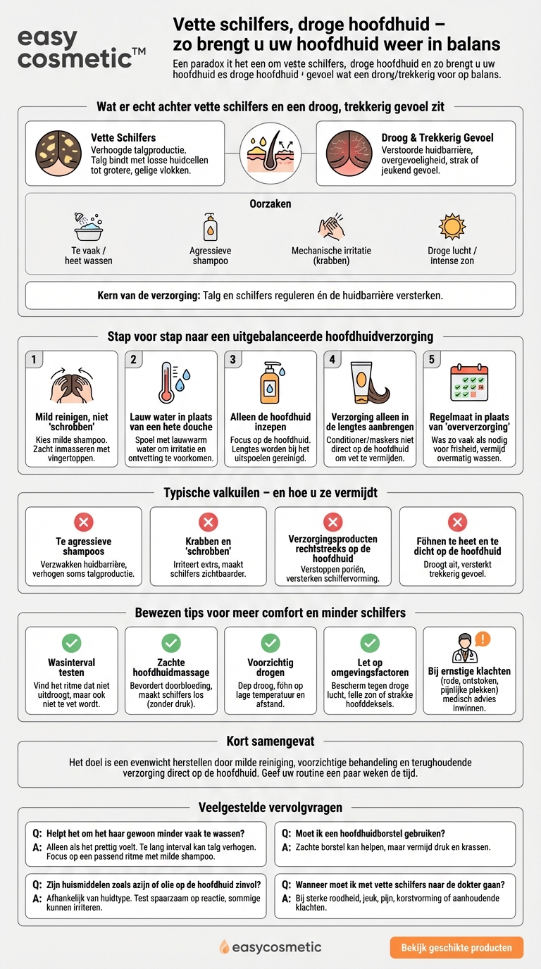 Welke verzorging wordt aanbevolen voor een hoofdhuid die de neiging heeft tot vette schilfers en tegelijkertijd een droog gevoel geeft?