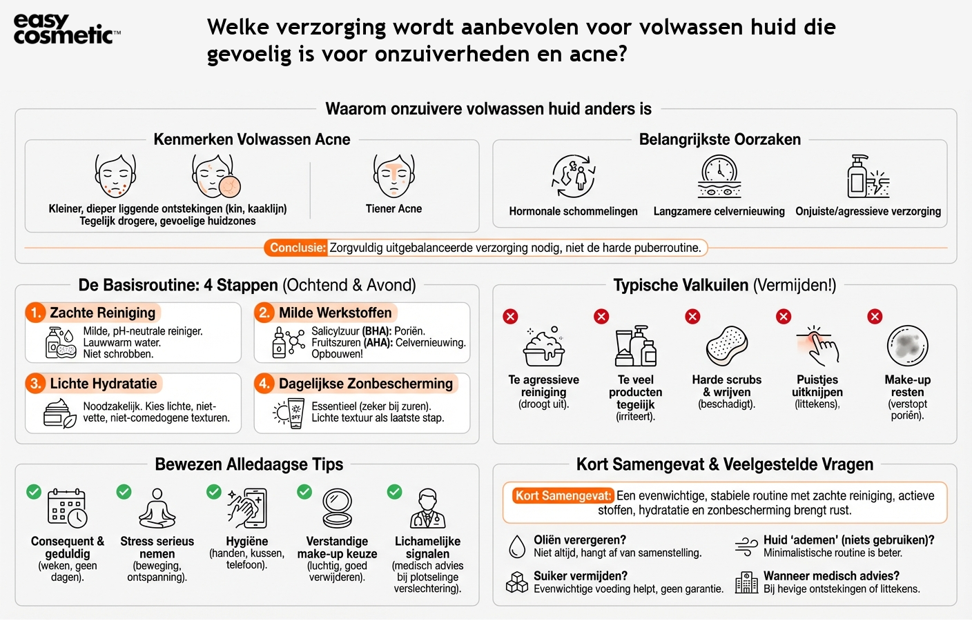 Welke verzorging wordt aanbevolen voor volwassen huid die gevoelig is voor onzuiverheden en acne?