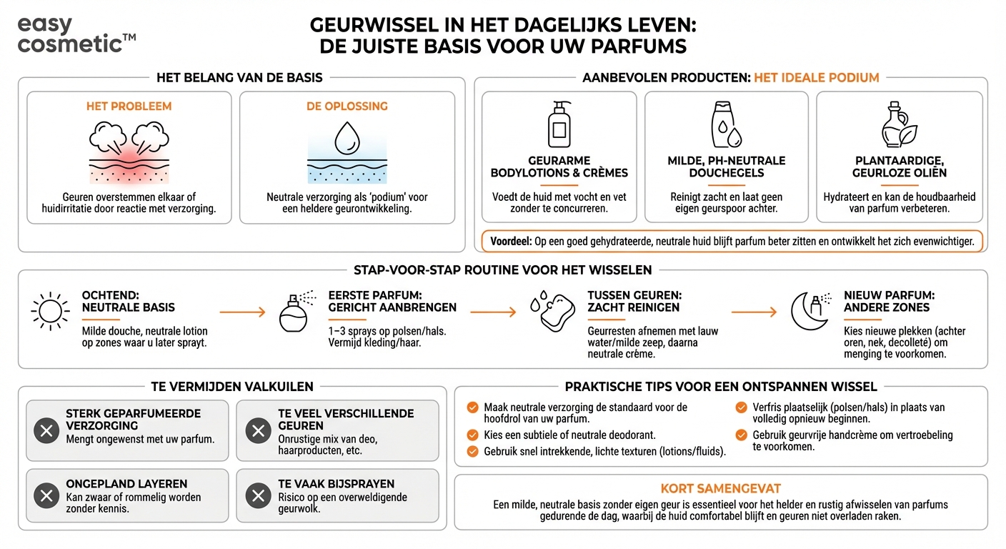 Welke verzorgingsproducten zijn geschikt als ik overdag meerdere parfums wil afwisselen?