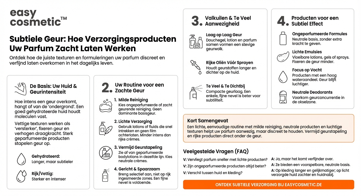 Welke verzorgingsproducten zijn geschikt als ik wil dat mijn parfum zo subtiel mogelijk ruikt?