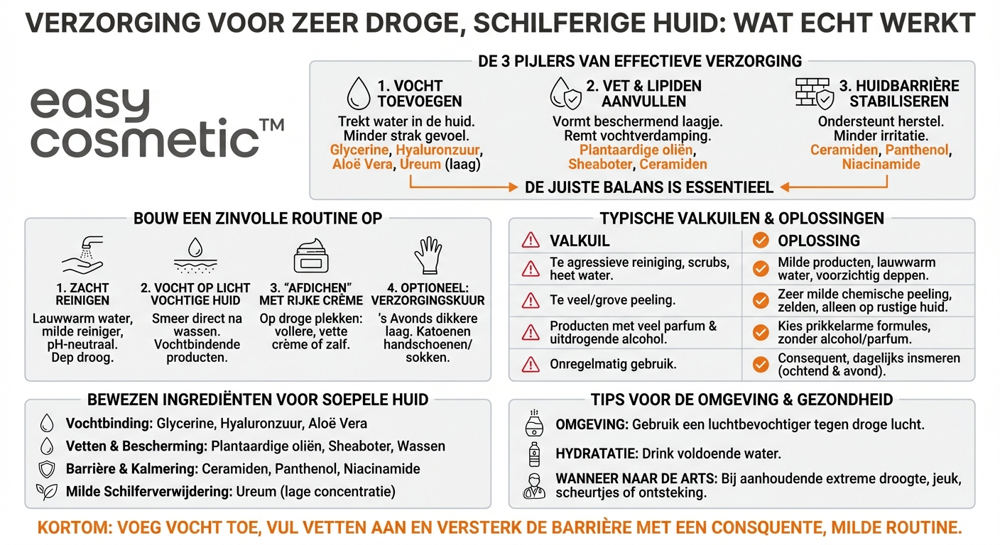 Welke vochtinbrengende verzorging is bijzonder geschikt voor zeer droge, schilferige huidplekken?
