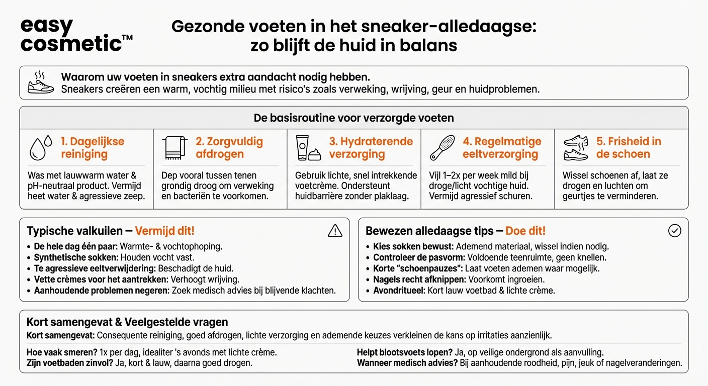 Welke voetverzorging is zinvol bij het vaak dragen van sneakers of sportschoenen om de huid gezond te houden?