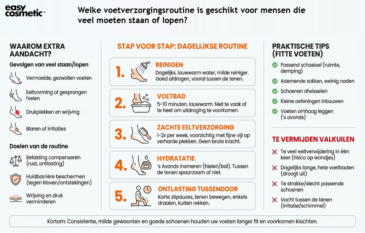 Welke voetverzorgingsroutine is geschikt voor mensen die veel moeten staan of lopen?
