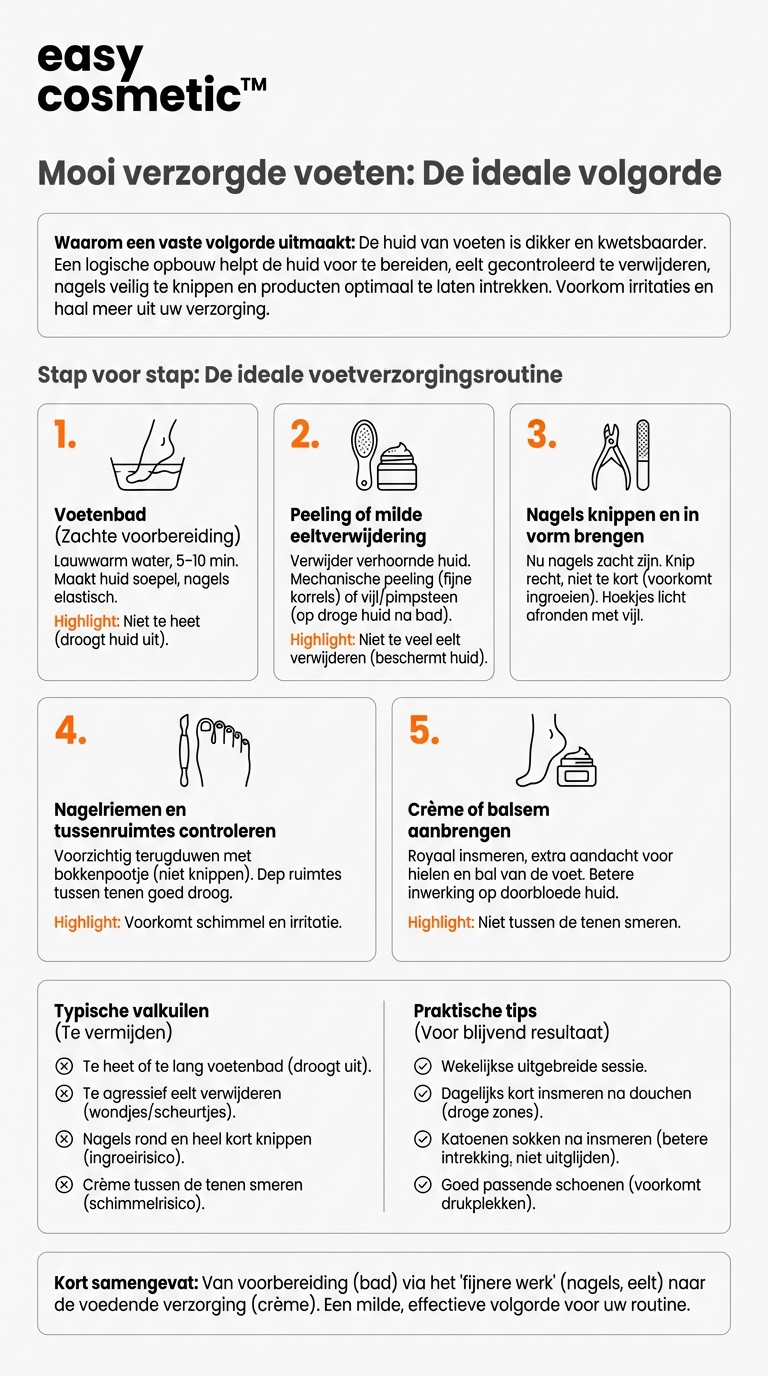 Welke volgorde is zinvol bij voetverzorging (bad, peeling, nagels, crème etc.)?