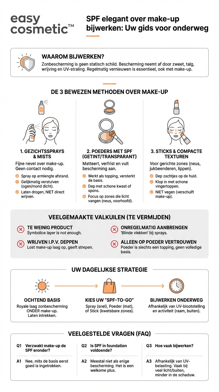 Welke vormen van zonbescherming zijn geschikt om eenvoudig over make-up aan te brengen, bijvoorbeeld onderweg?