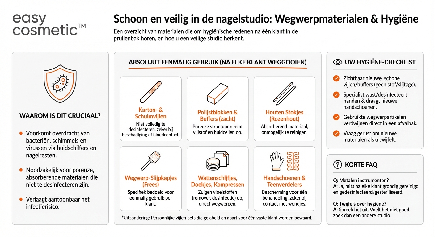 Welke wegwerpmaterialen mogen in de nagelstudio om hygiënische redenen slechts één keer worden gebruikt?