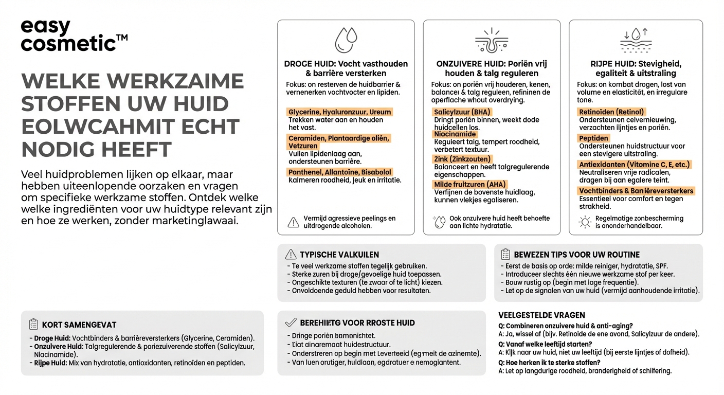 Welke werkstoffen zijn bij droge, onzuivere of rijpe huid bijzonder belangrijk?