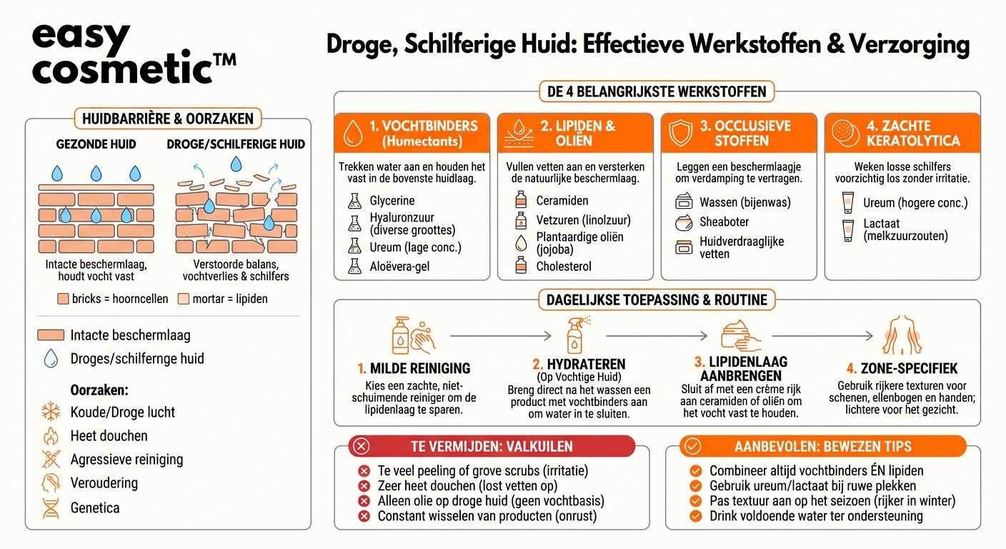 Welke werkstoffen zijn goed tegen een droge, schilferige huid?
