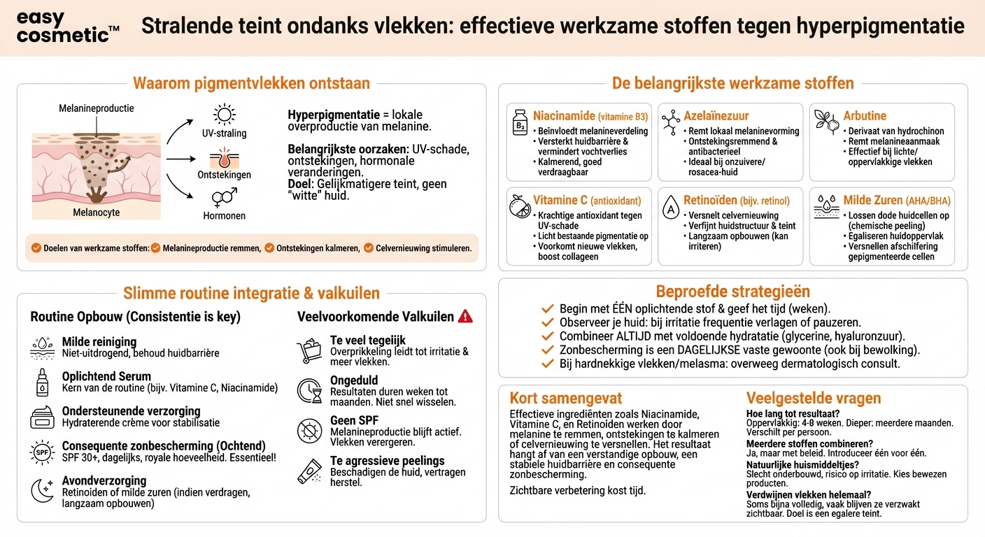 Welke werkstoffen zijn zinvol tegen pigmentvlekken en hyperpigmentatie (bijv. niacinamide, azelaïnezuur, arbutine)?