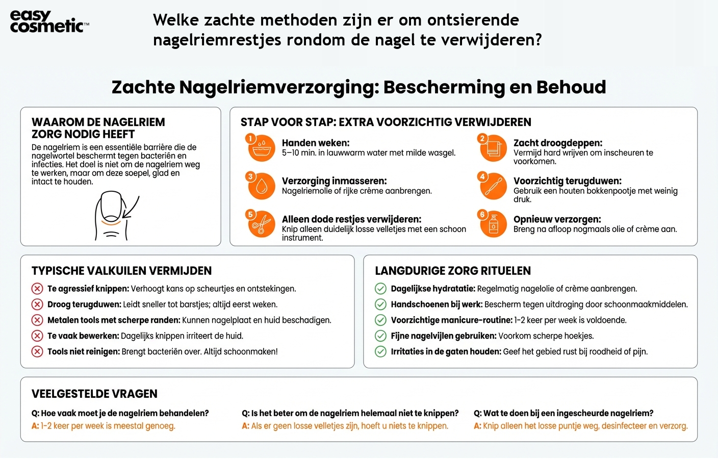 Welke zachte methoden zijn er om ontsierende nagelriemrestjes rondom de nagel te verwijderen?