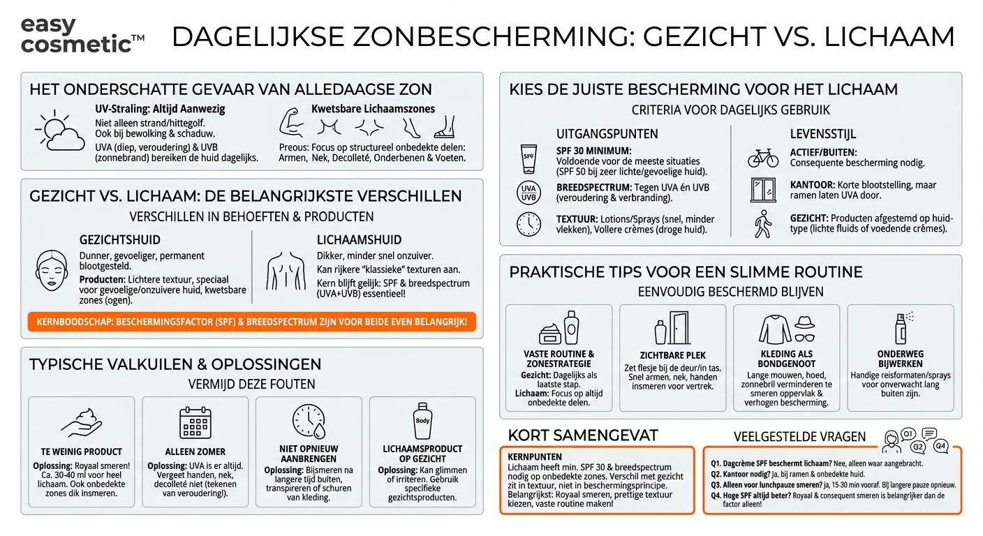 Welke zonbescherming is in het dagelijks leven zinvol voor het lichaam en verschilt deze van zonbescherming voor het gezicht?