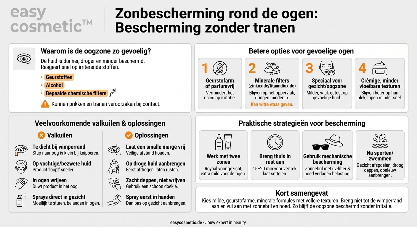 Welke zonbeschermingsproducten zijn bijzonder geschikt voor gevoelige ogen en formules die branden of tranen veroorzaken?