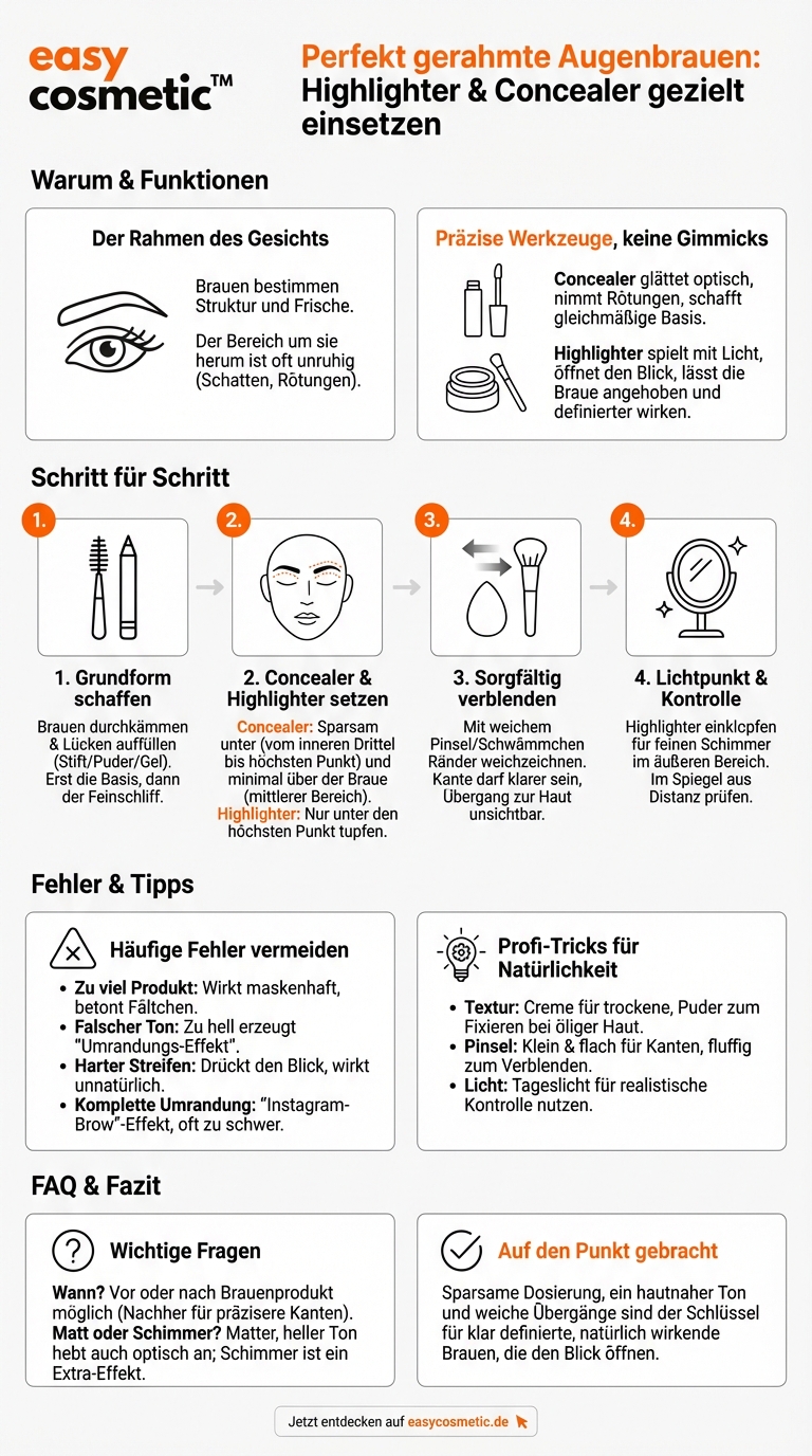 Wie arbeite ich Highlighter oder Concealer rund um die Augenbrauen ein, um sie präziser wirken zu lassen?
