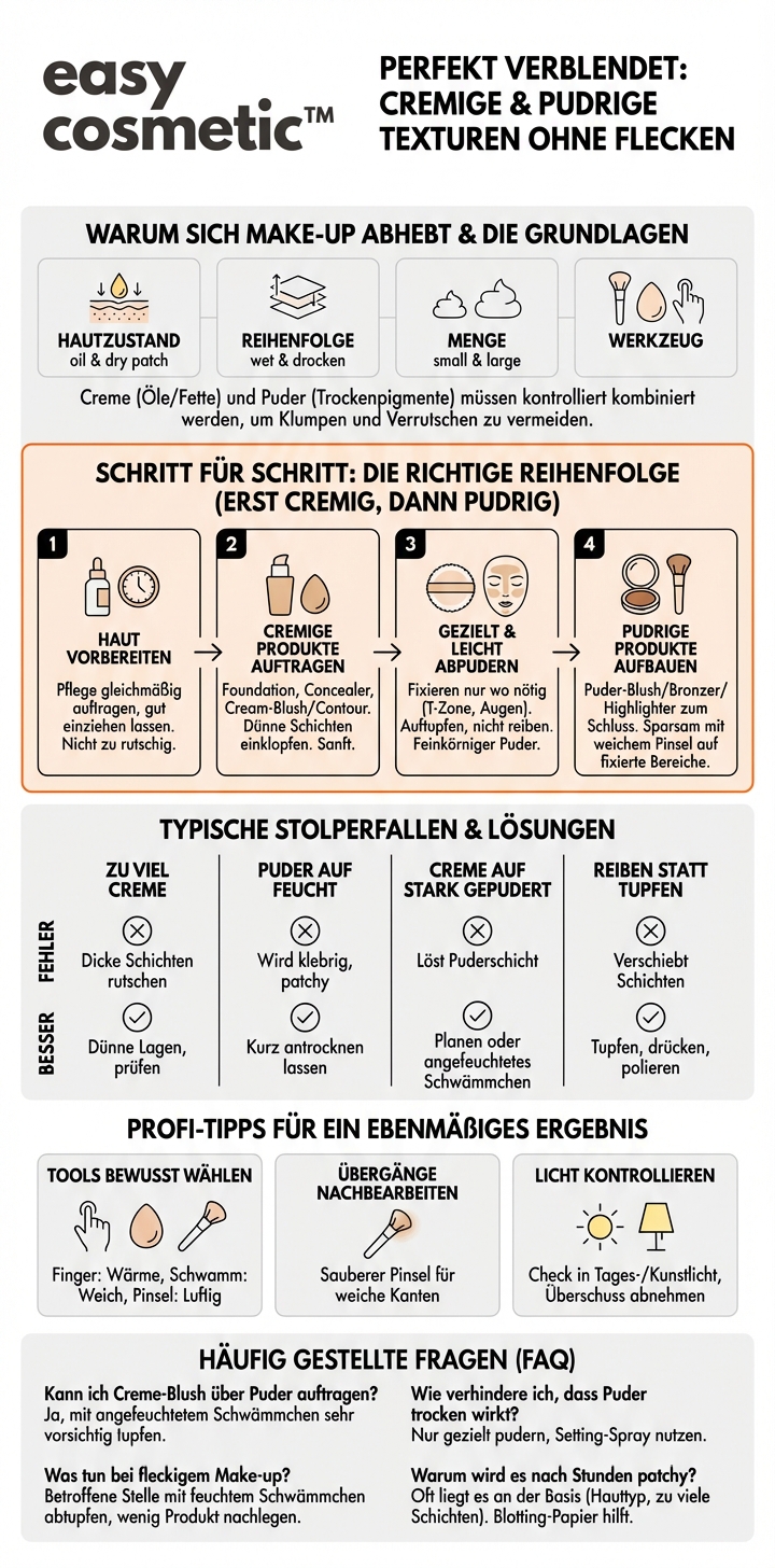 Wie arbeite ich mit cremigen und pudrigen Texturen zusammen, ohne dass sich das Make-up abhebt oder fleckig wird?