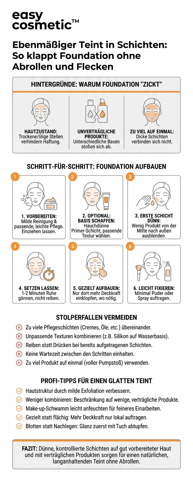 Wie baue ich Foundation in Schichten auf, ohne dass sie sich abrollt oder fleckig wird?