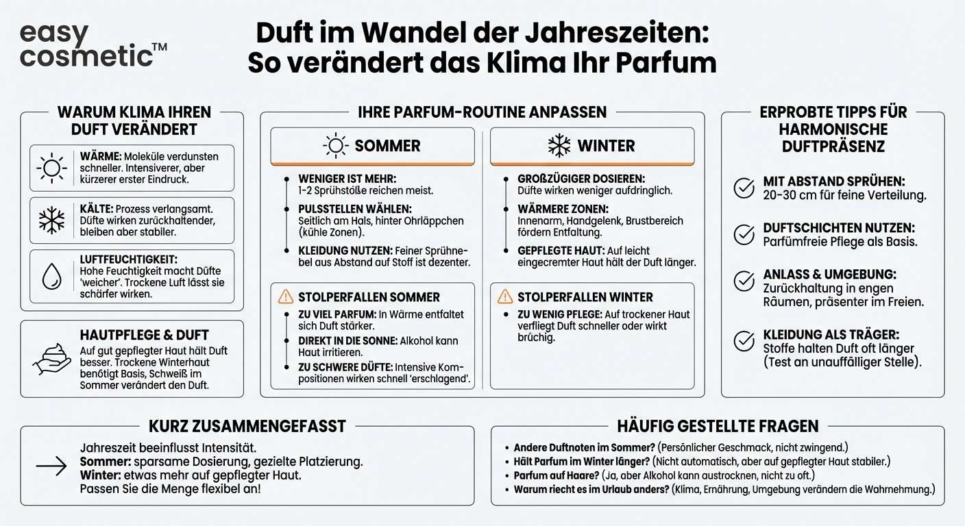 Wie beeinflusst die Jahreszeit die Anwendung von Parfum und sollte ich im Sommer anders dosieren als im Winter?