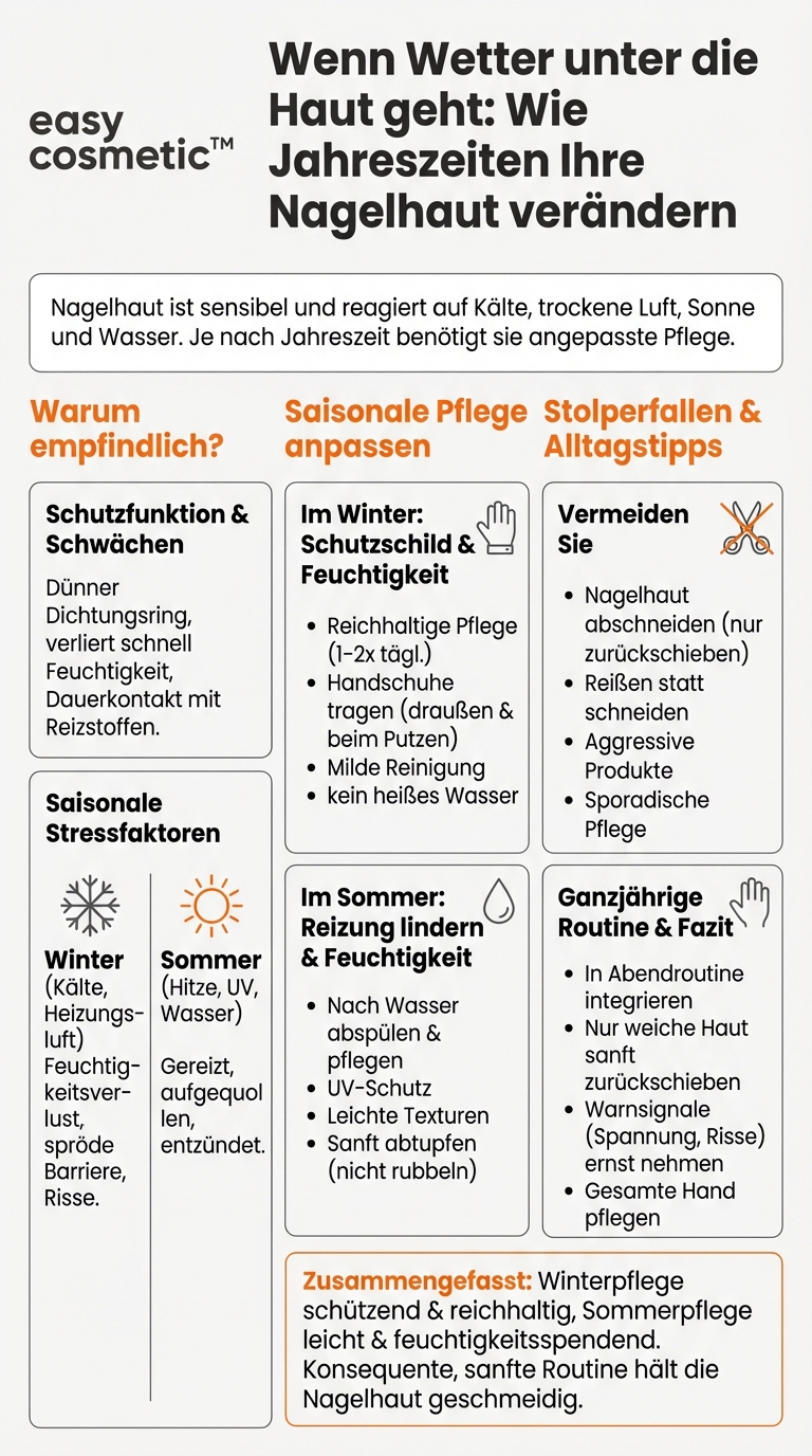 Wie beeinflusst die Jahreszeit, zum Beispiel Winterkälte oder Sommerhitze, den Pflegebedarf der Nagelhaut?