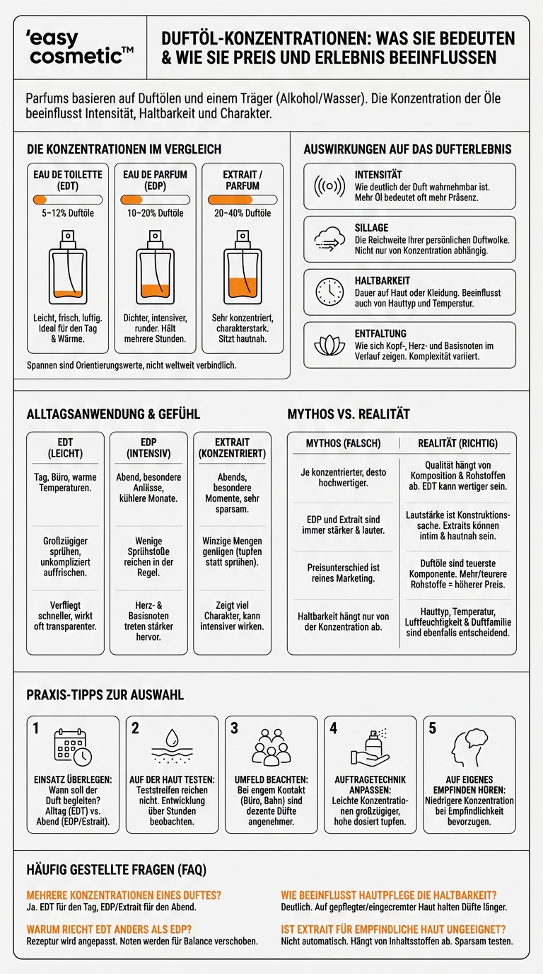 Wie beeinflusst die Konzentration der Duftöle (EDT, EDP, Extrait) die Qualität und den Preis?