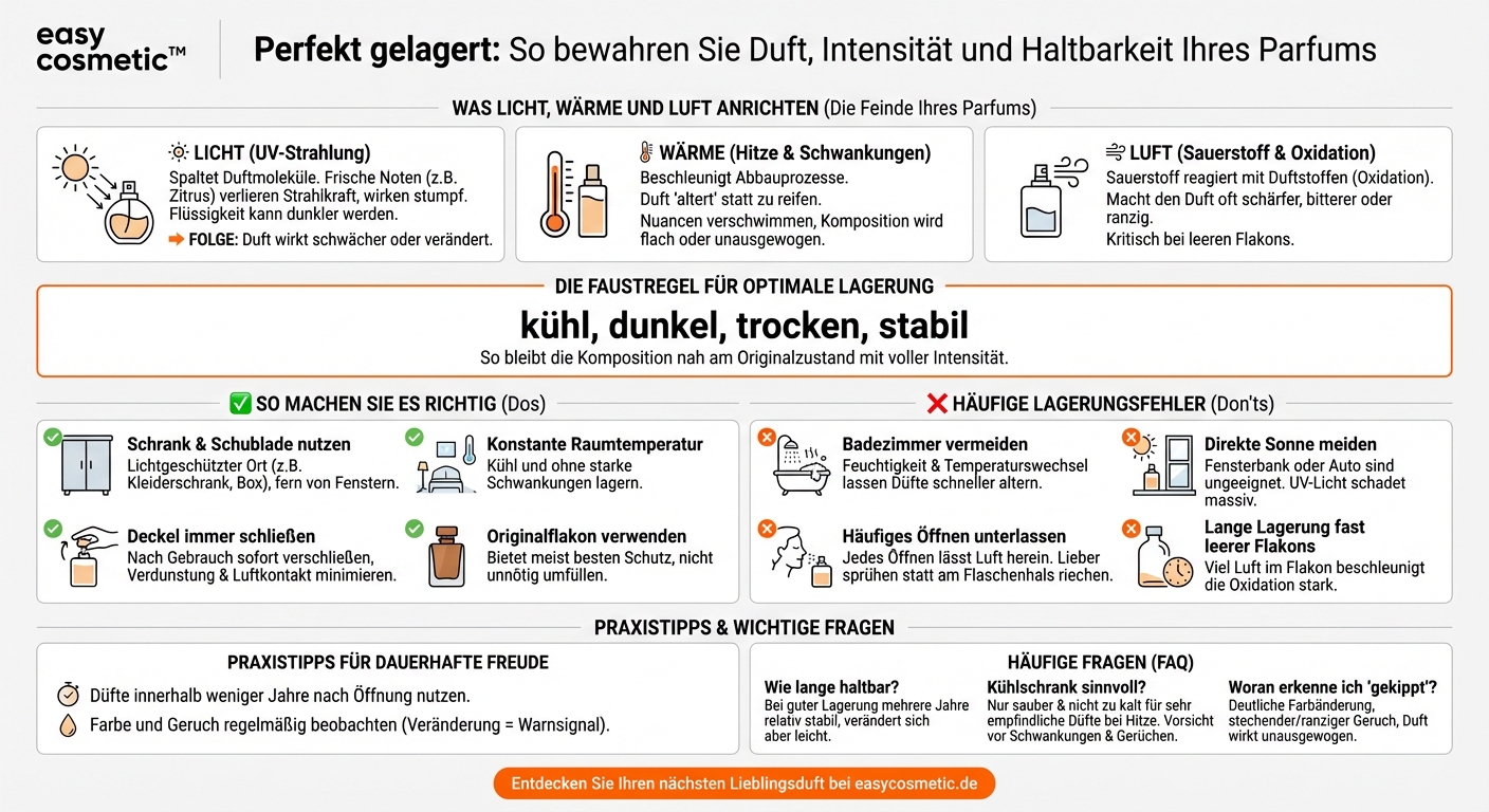 Wie beeinflusst die Lagerung des Parfums (z.B. Licht, Wärme) seine spätere Wirkung und Intensität?