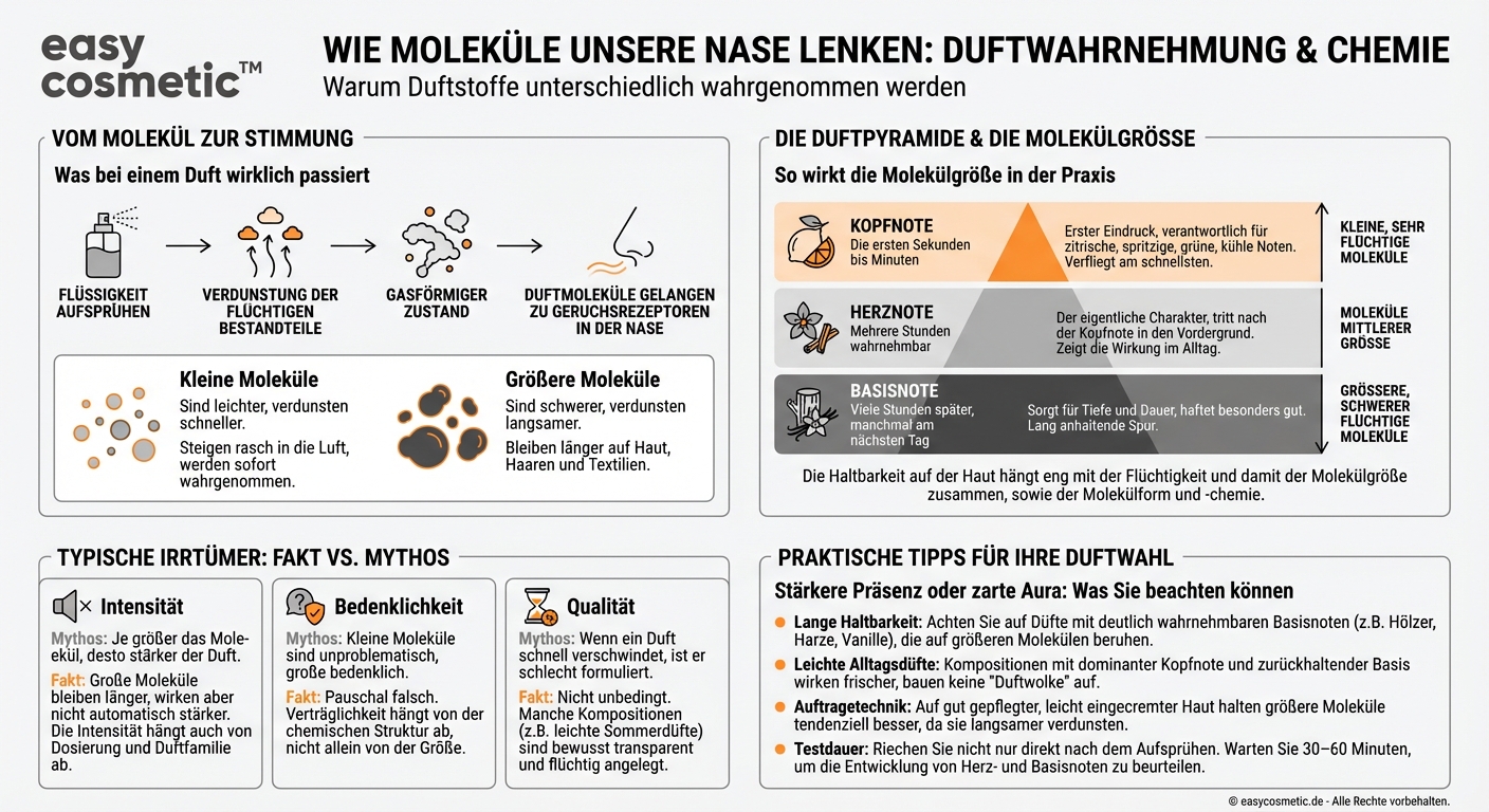 Wie beeinflusst die Molekülgröße von Duftstoffen deren Wahrnehmung und Haltbarkeit auf der Haut?