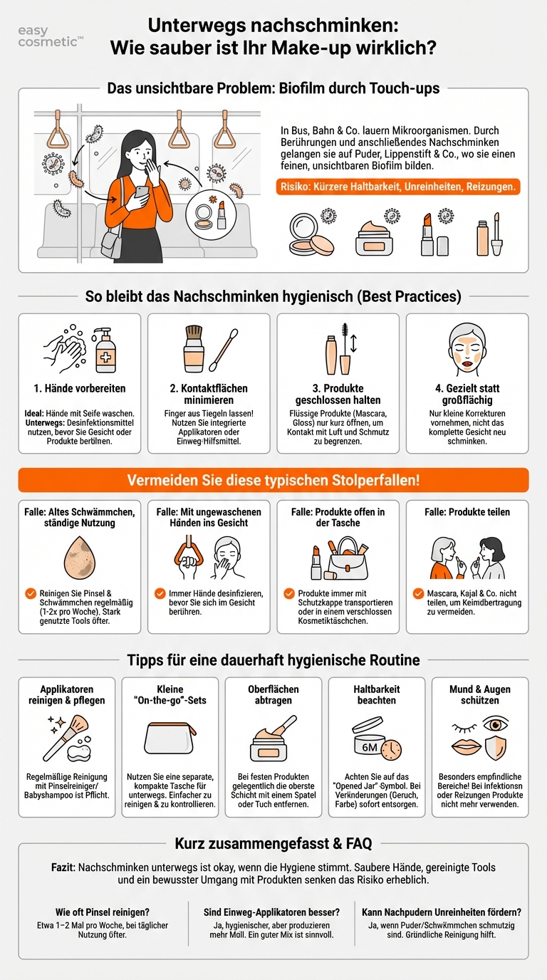 Wie beeinflusst häufiges Nachschminken unterwegs (z. B. in öffentlichen Verkehrsmitteln) die Hygiene meiner Make-up-Produkte?