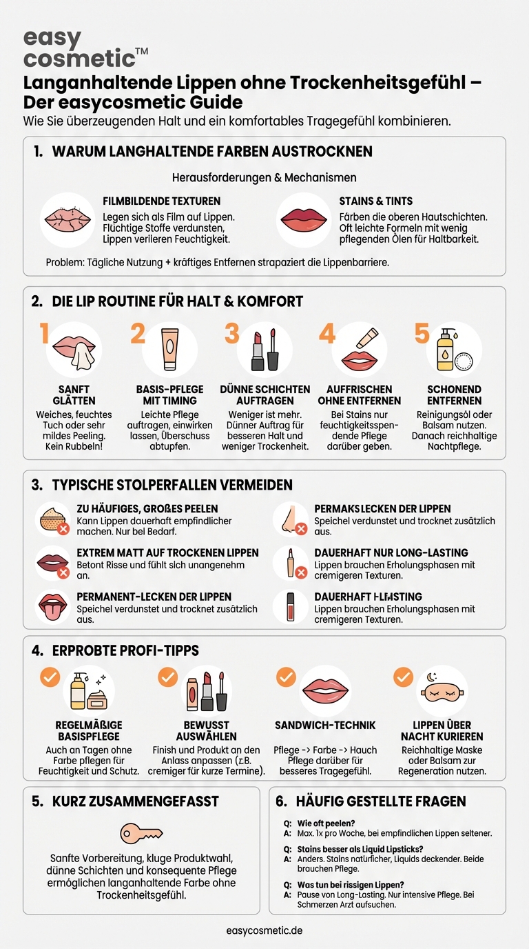 Wie bekomme ich langanhaltende Lippen ohne Austrocknen (Liquid Lipsticks, Stains etc.)?