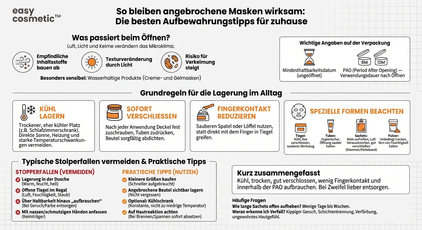 Wie bewahre ich angebrochene Masken am besten auf, damit sie wirksam und haltbar bleiben?