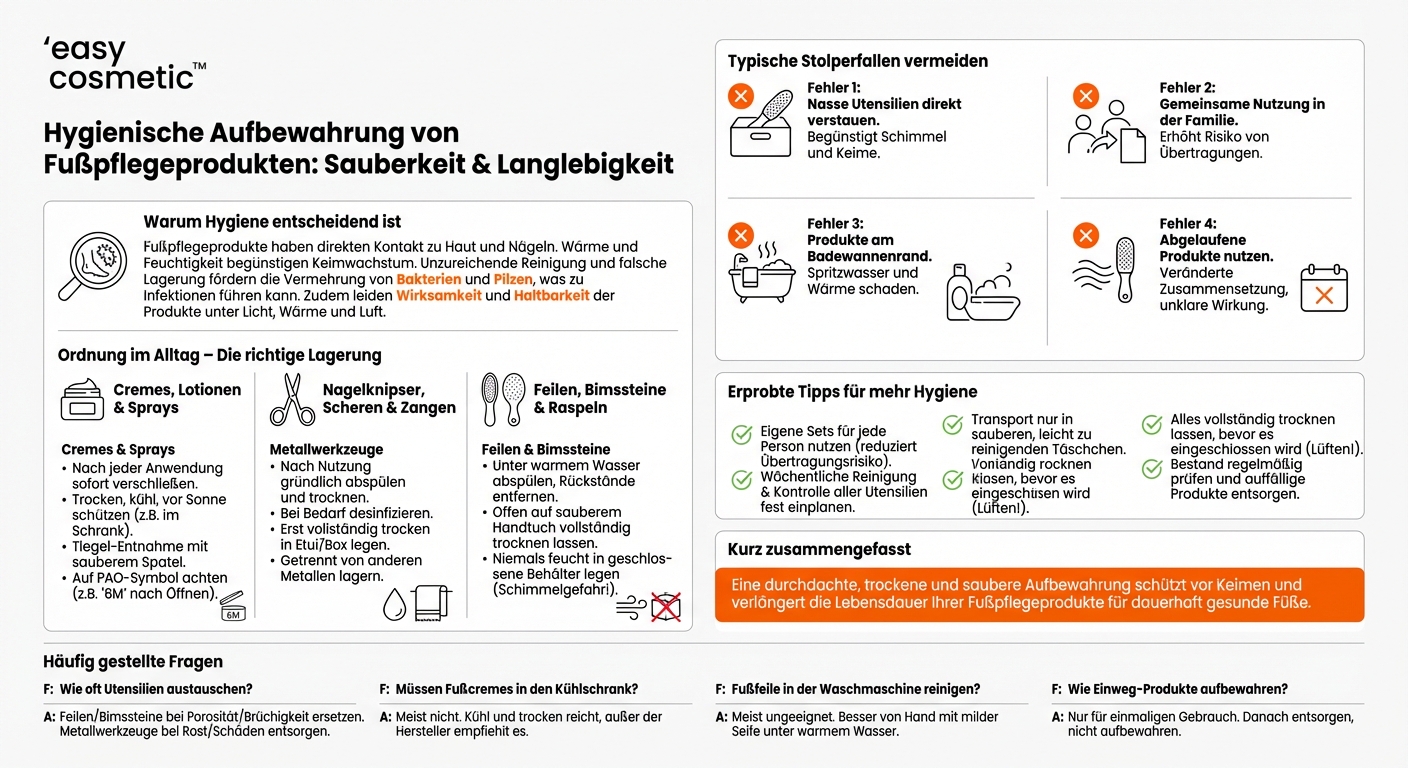 Wie bewahre ich Fußpflegeprodukte hygienisch und sinnvoll auf?