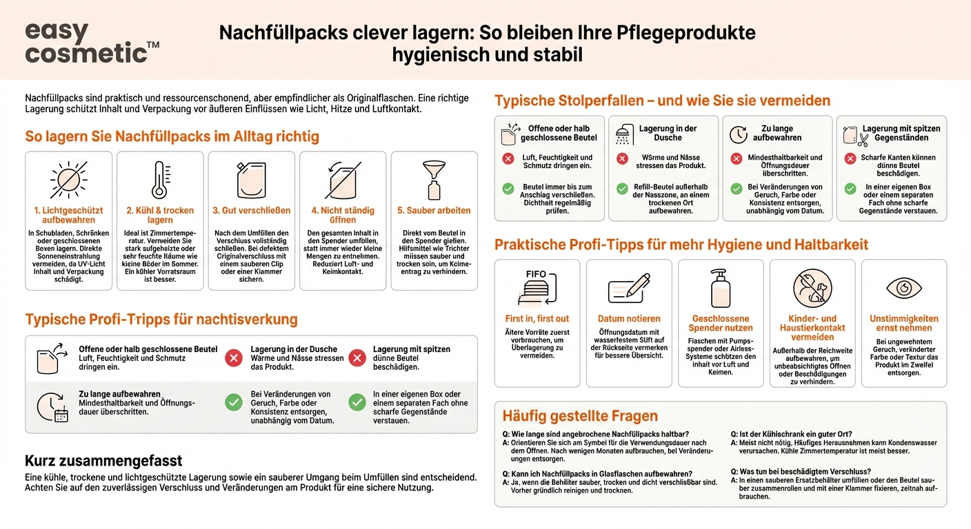 Wie bewahre ich Nachfüllpacks von Pflegeprodukten auf, damit sie hygienisch und stabil bleiben?