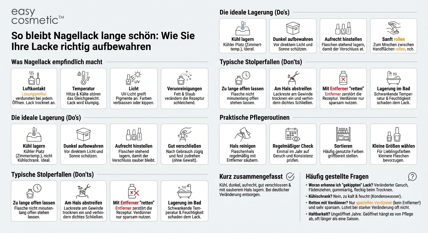 Wie bewahre ich Nagellack richtig auf, damit er nicht eindickt oder kippt?