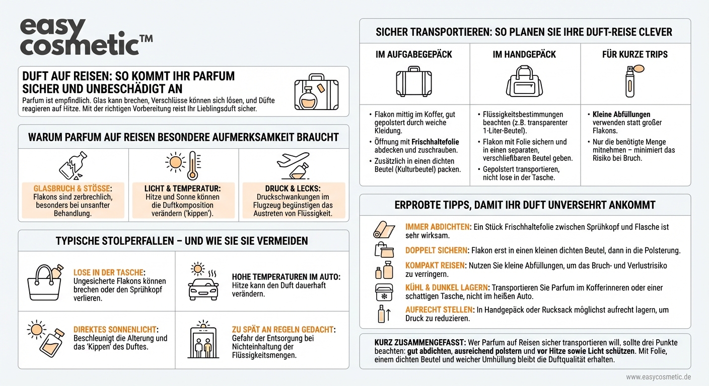 Wie bewahre ich Parfum auf Reisen am sichersten auf, damit es nicht ausläuft oder beschädigt wird?