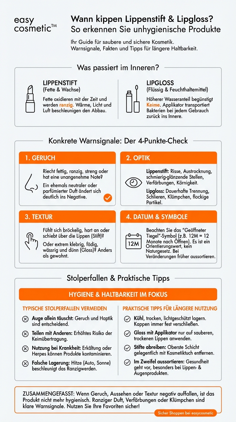 Wie erkenne ich, dass ein Lippenstift oder Lipgloss nicht mehr hygienisch einwandfrei ist?