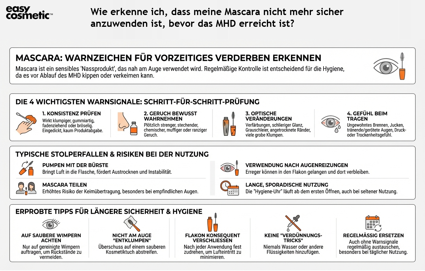 Wie erkenne ich, dass meine Mascara nicht mehr sicher anzuwenden ist, bevor das MHD erreicht ist?