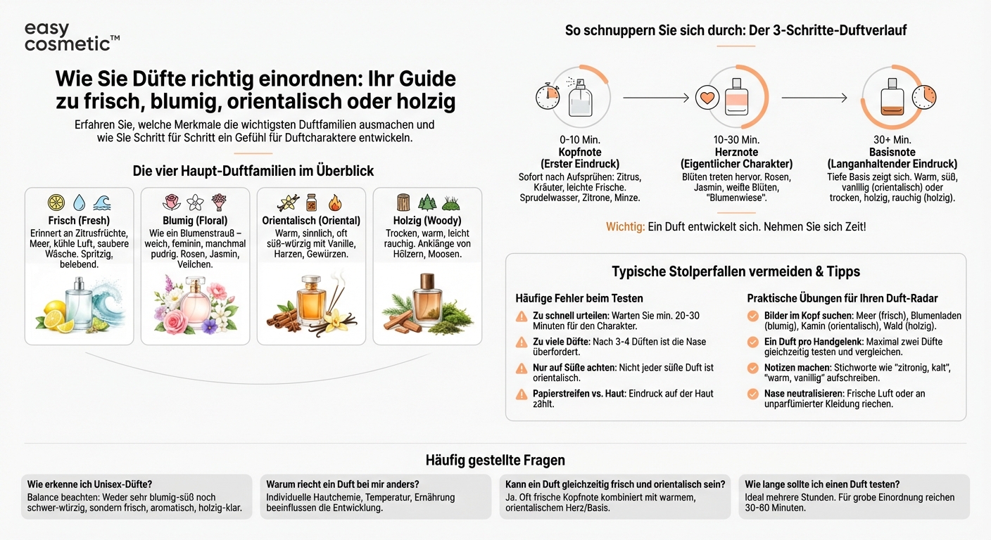 Wie erkenne ich, ob ein Duft eher frisch, blumig, orientalisch oder holzig ist?