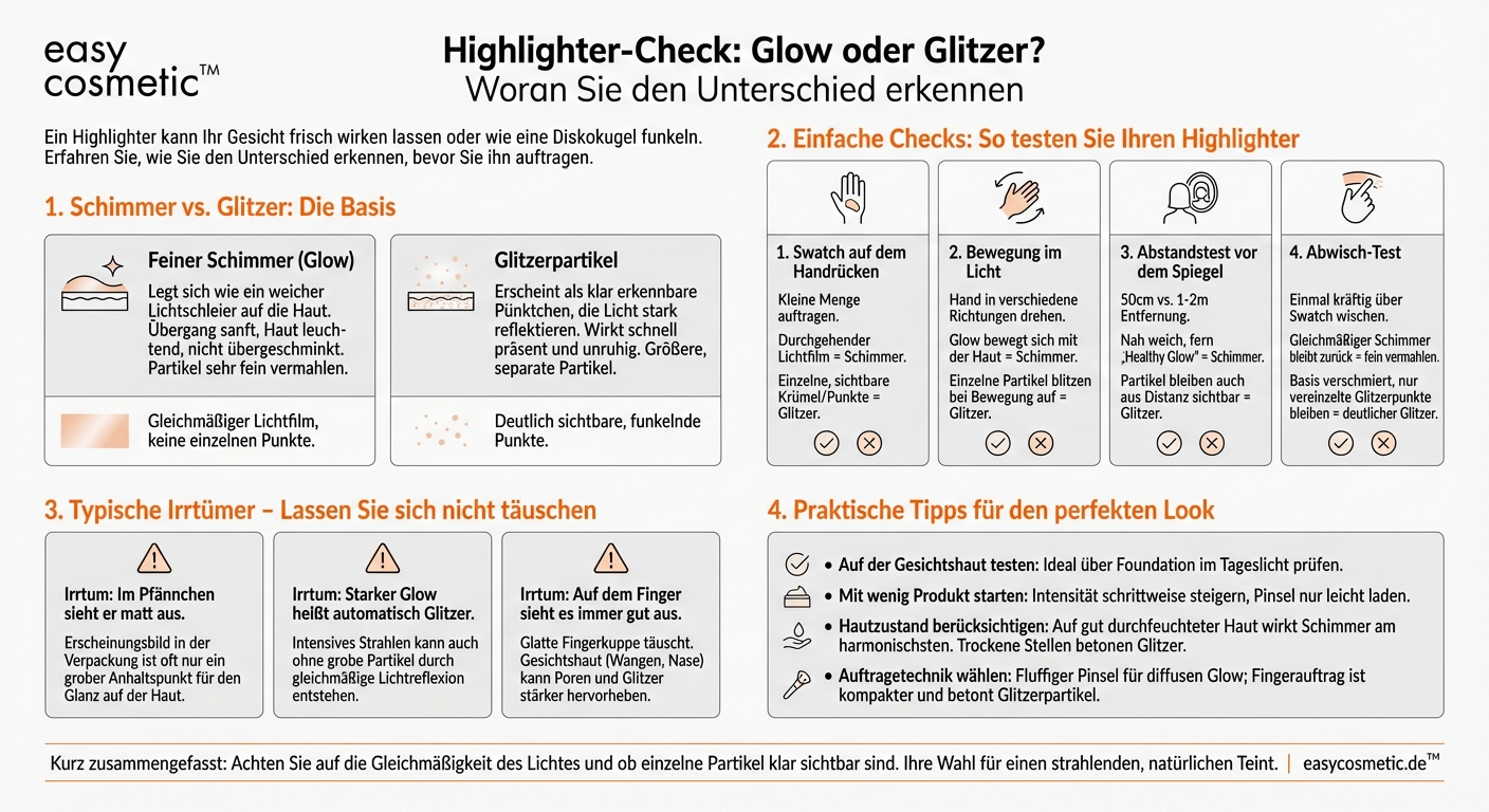 Wie erkenne ich, ob ein Highlighter Glitzerpartikel enthält oder nur fein schimmert?