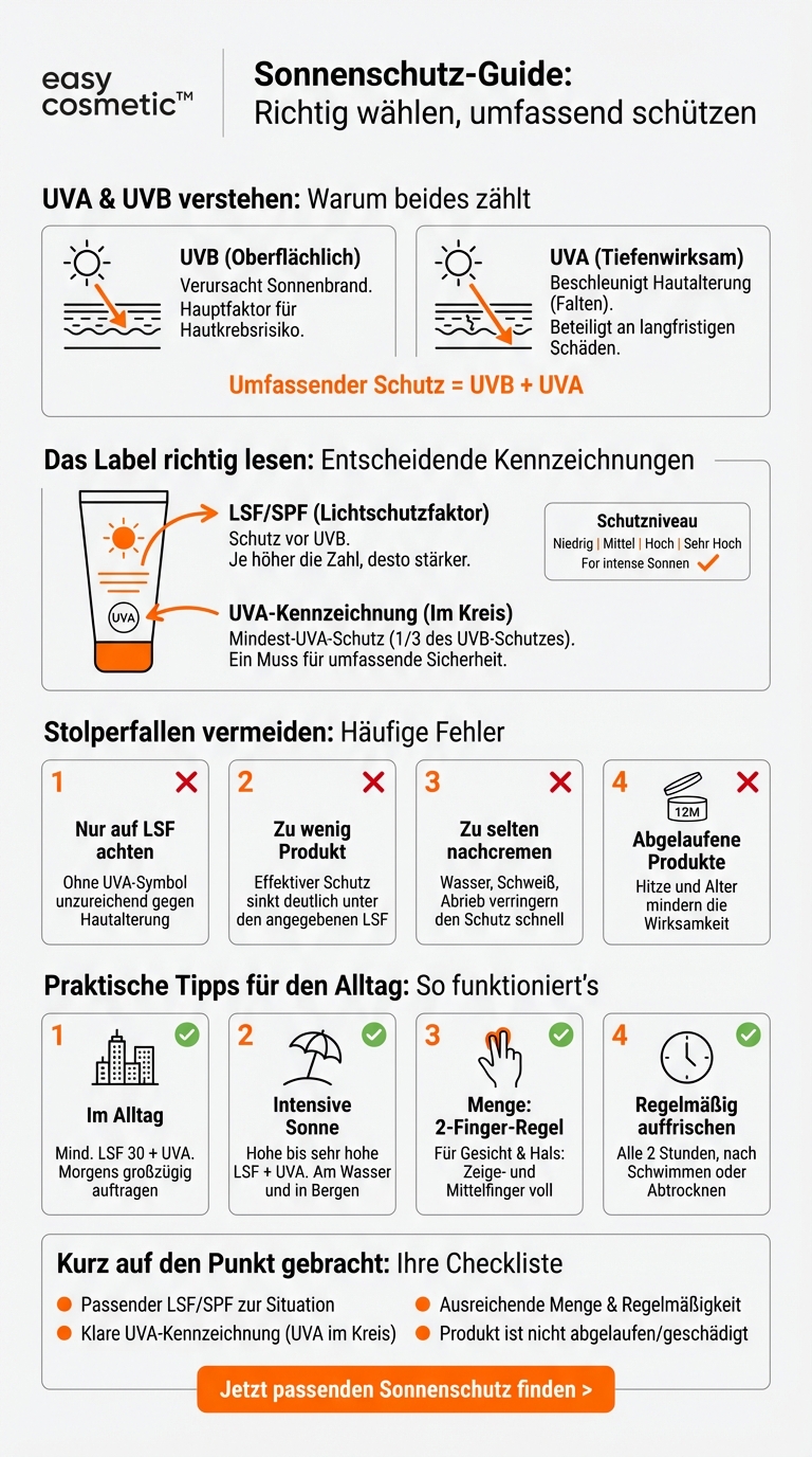 Wie erkenne ich, ob ein Sonnenschutz zuverlässig vor UVA- und UVB-Strahlen schützt?