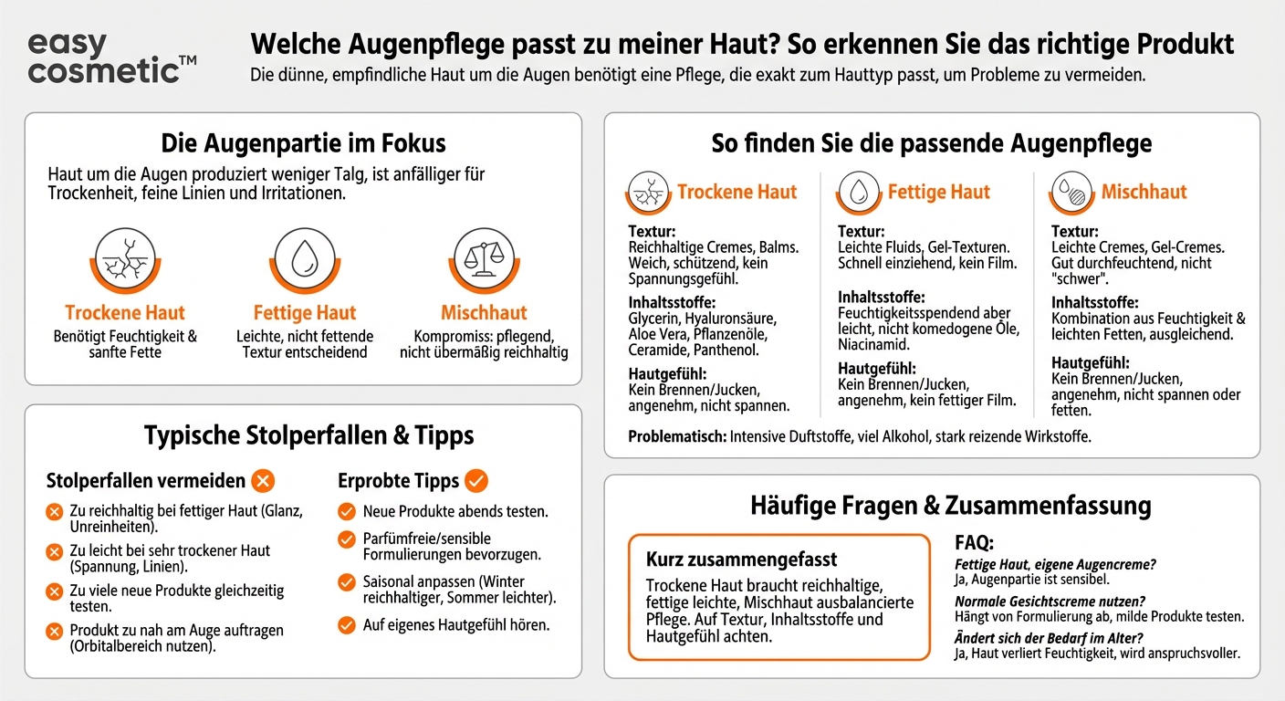 Wie erkenne ich, ob eine Augenpflege für meine Haut (trocken, fettig, Mischhaut) geeignet ist?