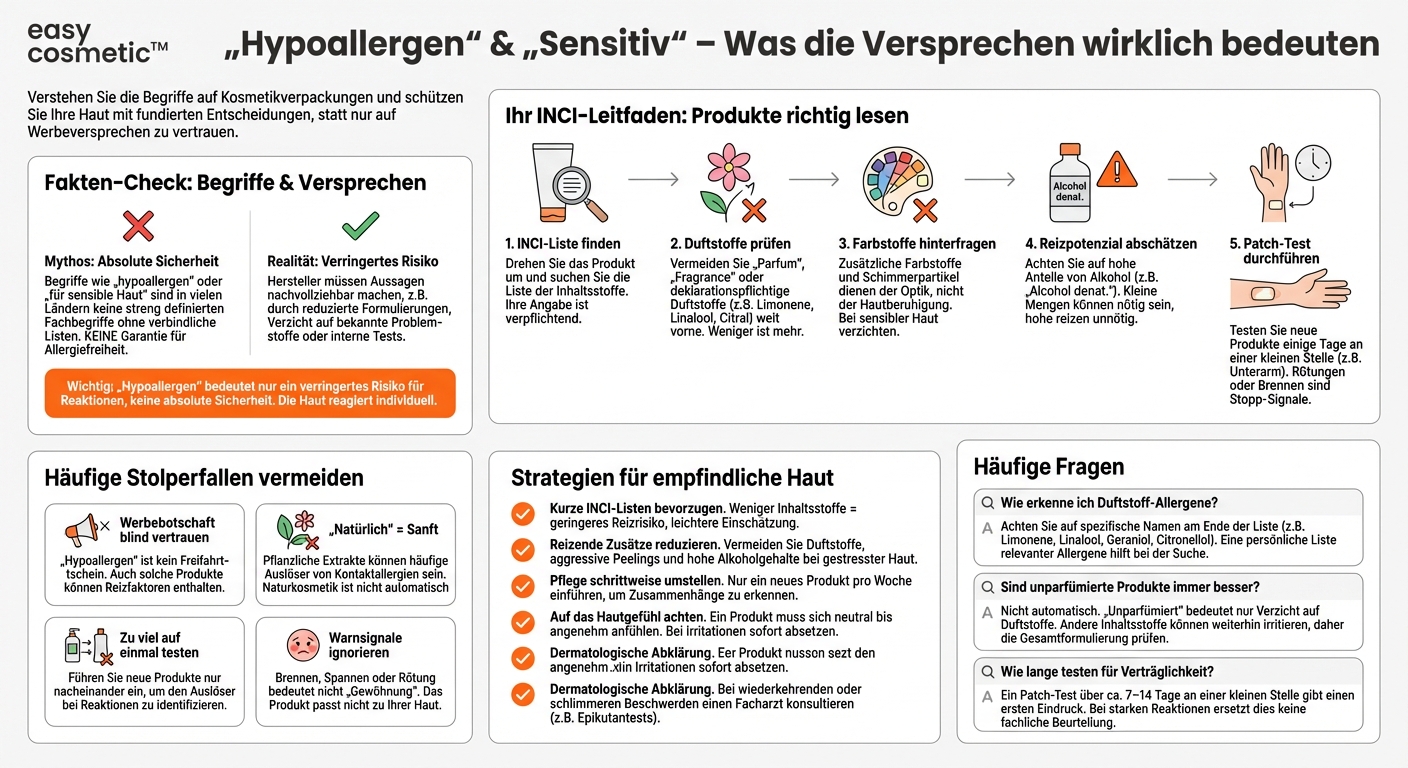 Wie erkenne ich, ob „hypoallergen“ oder „für sensible Haut“ auf Produkten wirklich etwas über die Inhaltsstoffe aussagt?