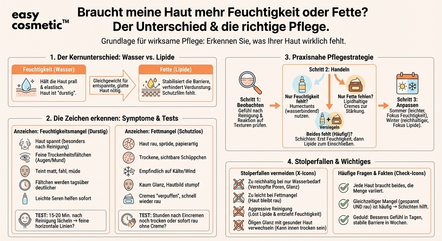 Wie erkenne ich, ob meine Haut eher Feuchtigkeit (Wasser) oder Lipide (Fette) benötigt?