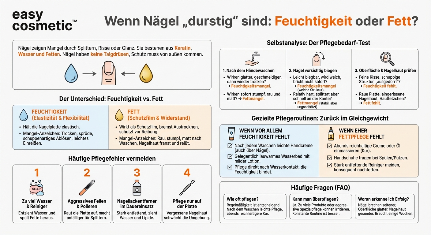 Wie erkenne ich, ob meine Nägel mehr Feuchtigkeit oder mehr Fettpflege benötigen?