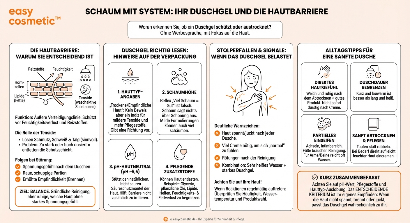 Wie erkennt man, ob ein Duschgel die Hautbarriere schont oder austrocknet?
