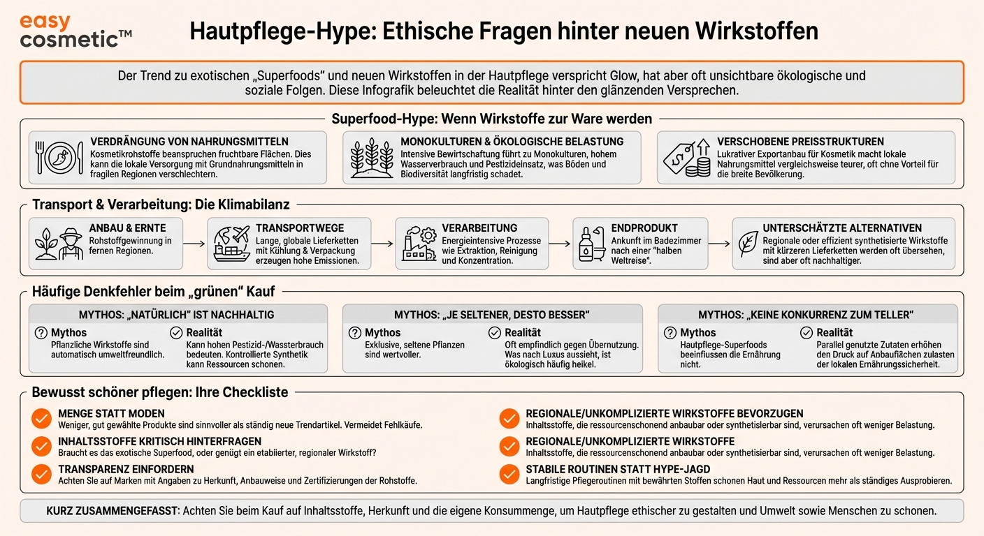Wie ethisch ist der Trend zu immer neuen Wirkstoffen und „Superfoods“ in der Hautpflege im Hinblick auf Anbauflächen, Transportwege und lokale Ernährungssicherheit?